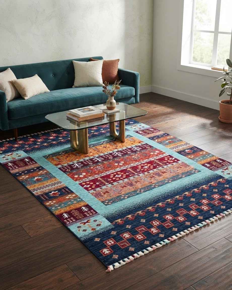 Tribal Style Striped Area Rug in Navy, Aqua and Orange with Tasselled Ends