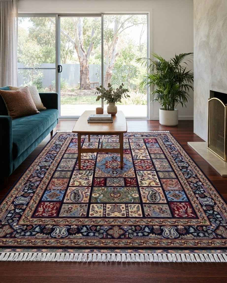 Multicolour 100% Handmade wool Rug with Navy Border and Tasselled Ends