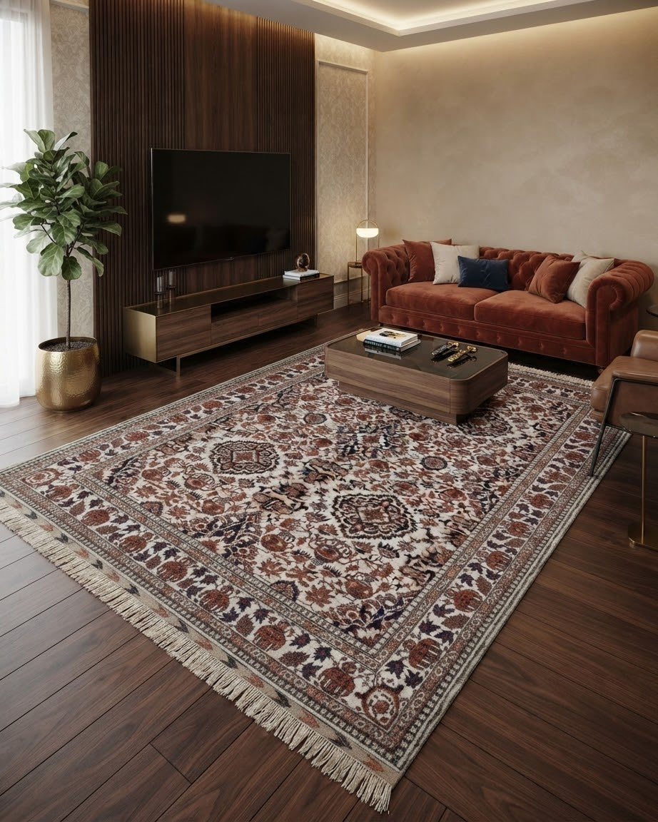Ivory and Rust Area Style Rug with Vase Motifs and Fringed Ends