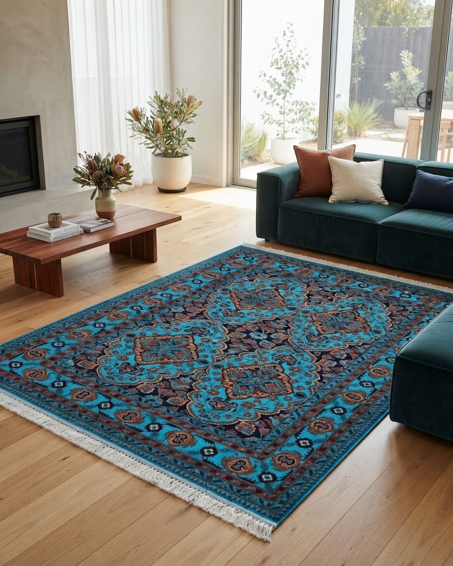 Handmade Turquoise Style Area Rug with Four Medallions and Fringed Ends