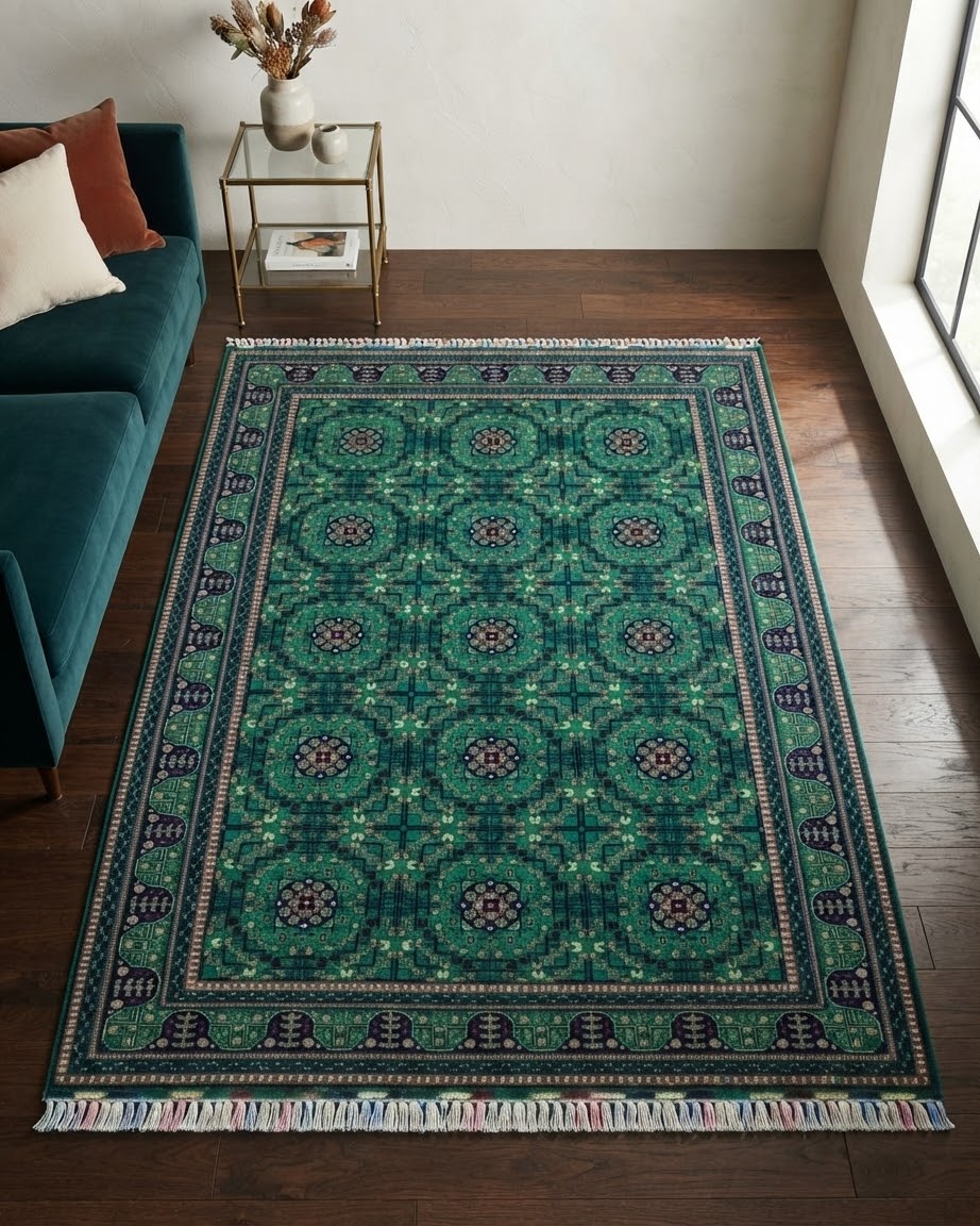 Handmade All-Over Floral Rug | Golden Amber Field with Deep Red Border | Wool Rug