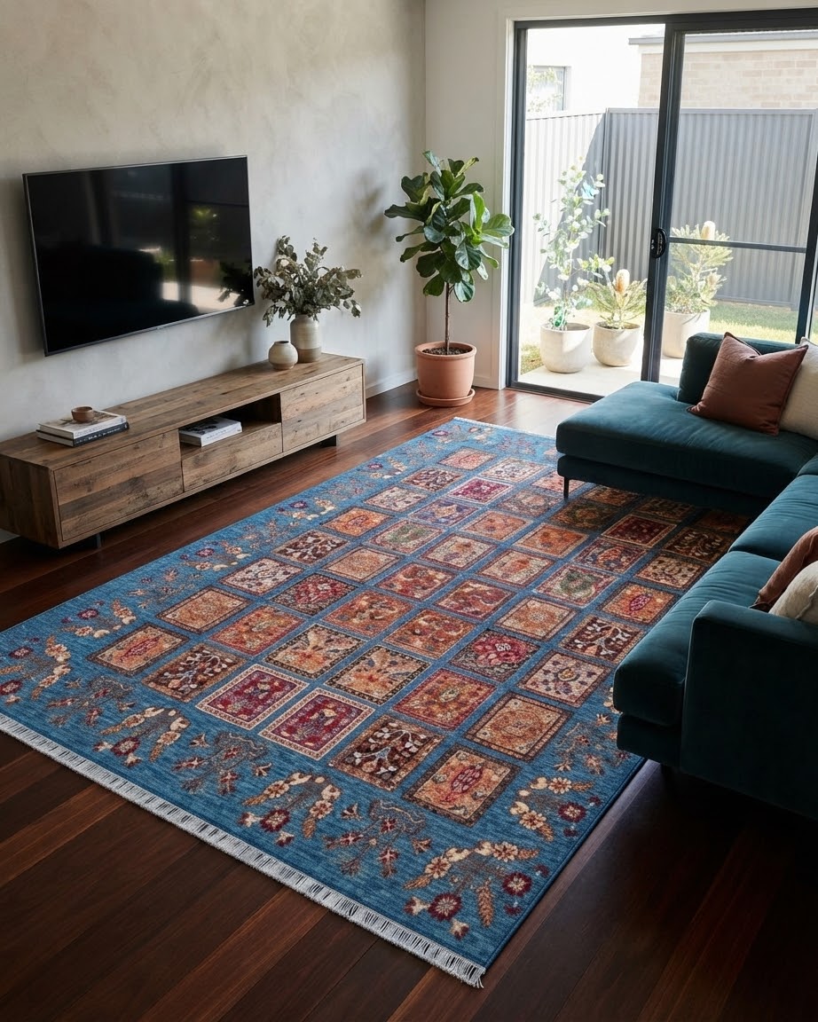 Handmade Panel Design Rug | Ivory Field with Multicolor Compartment Motifs | Wool Rug