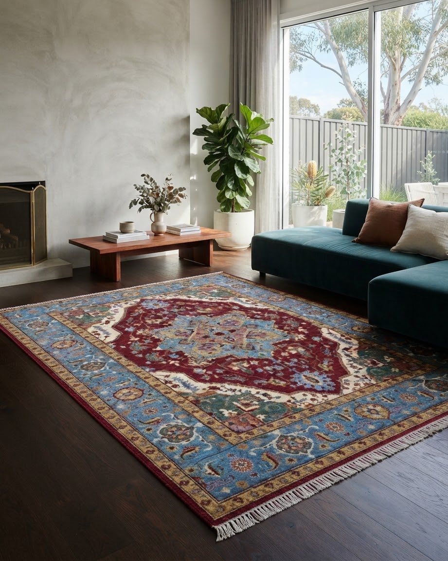 Handmade Baluch Rug | Navy Field with Red & Ivory Diamond Medallions | Wool Rug