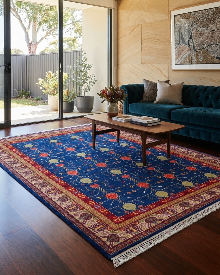 Handmade Kazak Style Rug | Deep Red Field with Cream & Navy Star Medallions | Wool Rug