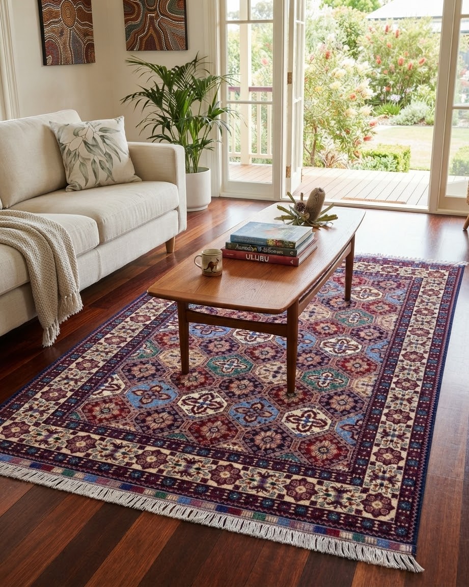 Handmade Bokhara Rug | Deep Blue Field with Red & Gold Octagon Medallions | Wool Rug
