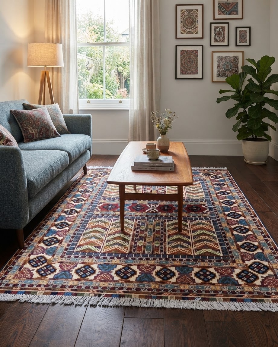 Handmade Mahi Medallion Rug | Ivory Field with Navy & Sage Center Medallion | Wool Rug