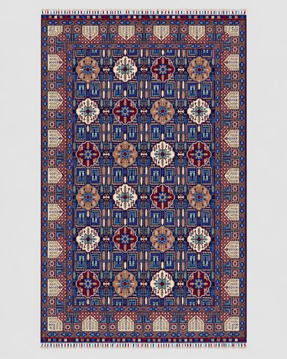 Handmade Garden Panel Rug | Burgundy Field with Tree-of-Life Compartments | Wool Rug