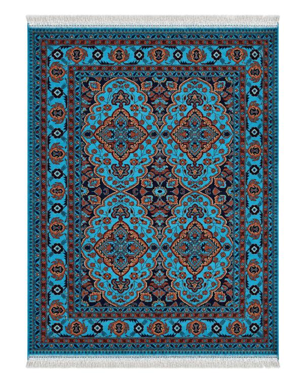 Handmade Turquoise Style Area Rug with Four Medallions and Fringed Ends