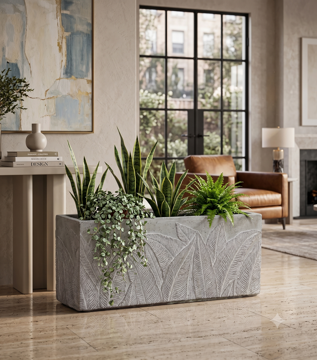 The Botanical Trough Series | Embossed Palm Leaf Rectangular Planters