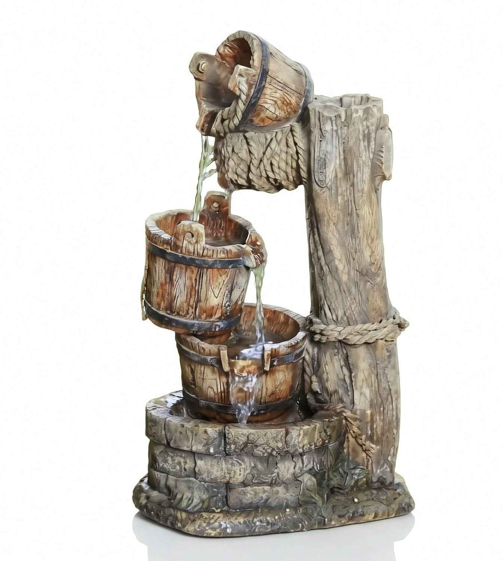 Rustic Wooden Bucket Outdoor Waterfall Fountain with LED Lights