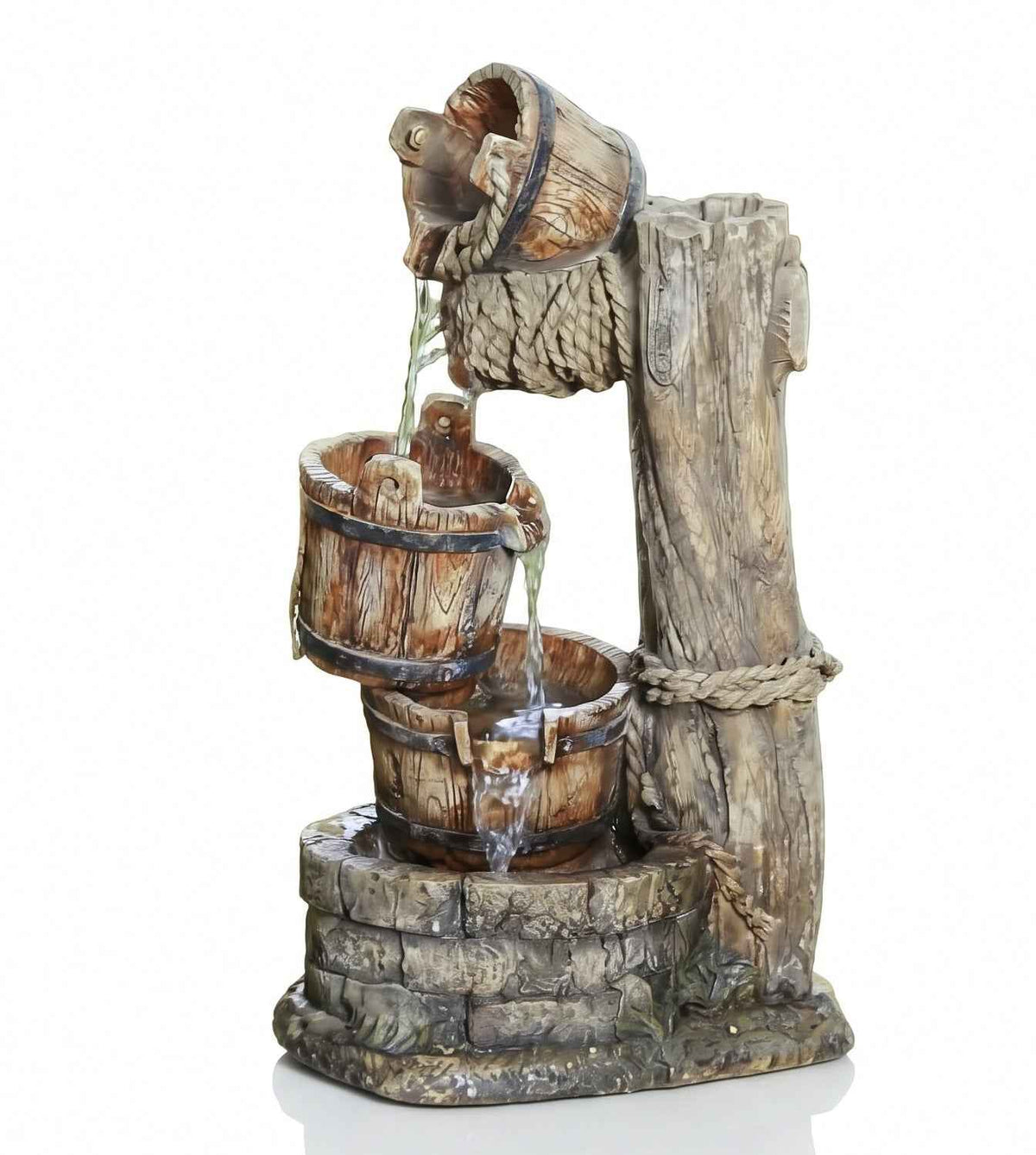 Rustic Wooden Bucket Outdoor Waterfall Fountain with LED Lights
