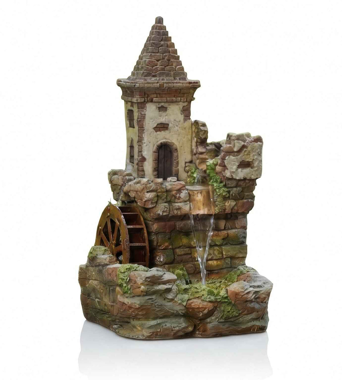 Stone Tower Water Wheel Fountain – Outdoor Waterfall Feature with LED Lightening