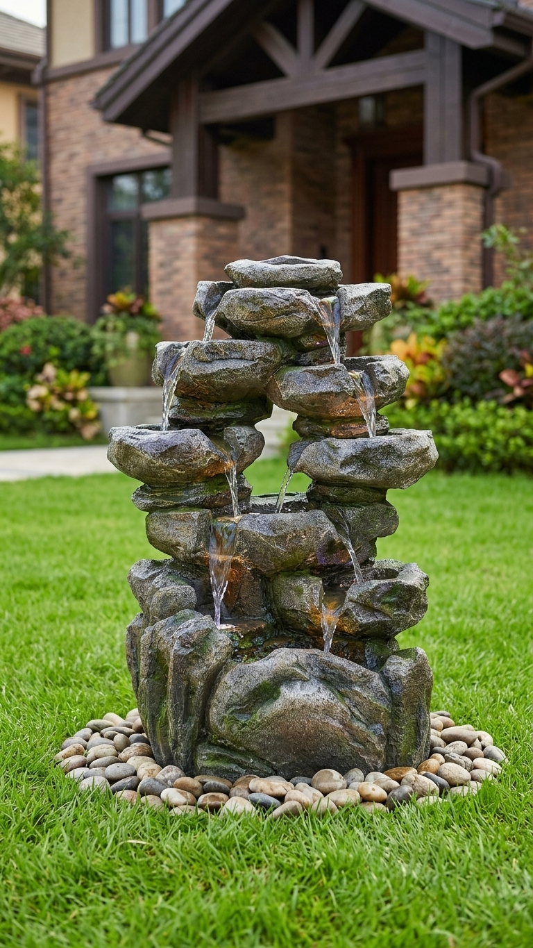 Tiered Rock Waterfall Outdoor Fountain with LED Lights