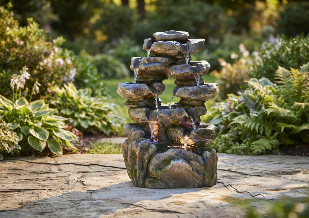 Tiered Rock Waterfall Outdoor Fountain with LED Lights
