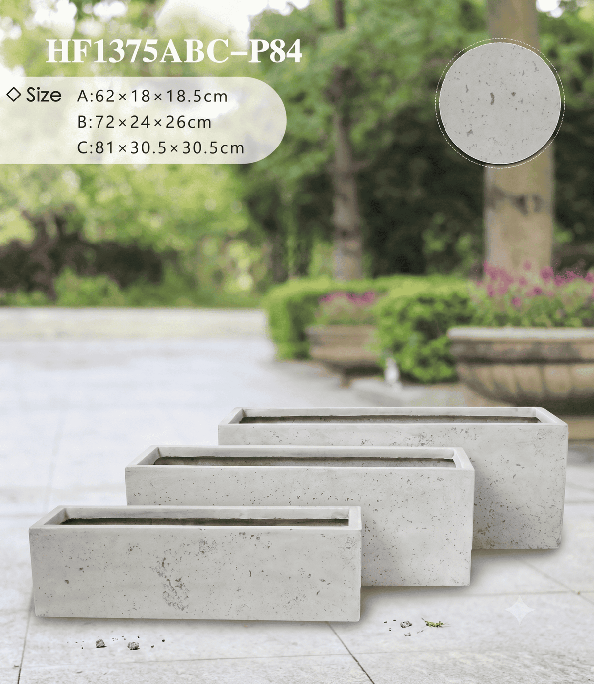 Rectangular shape planter pots arranged neatly along a modern patio boundary