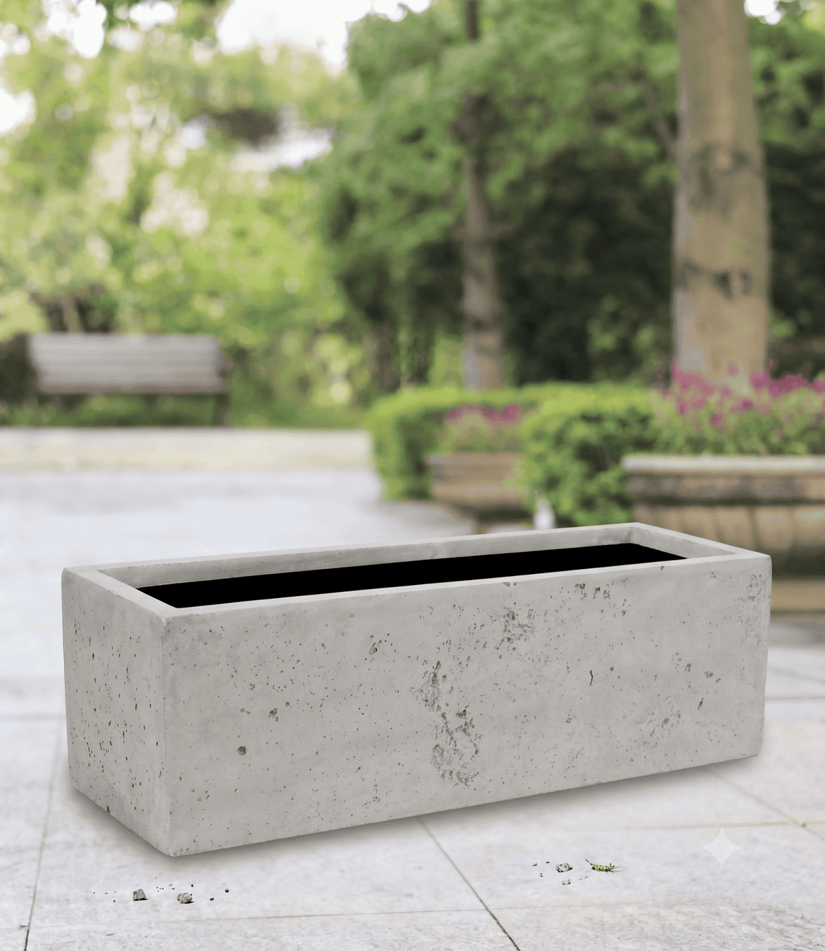 Close-up of durable rectangular shape planter pots designed for contemporary landscaping