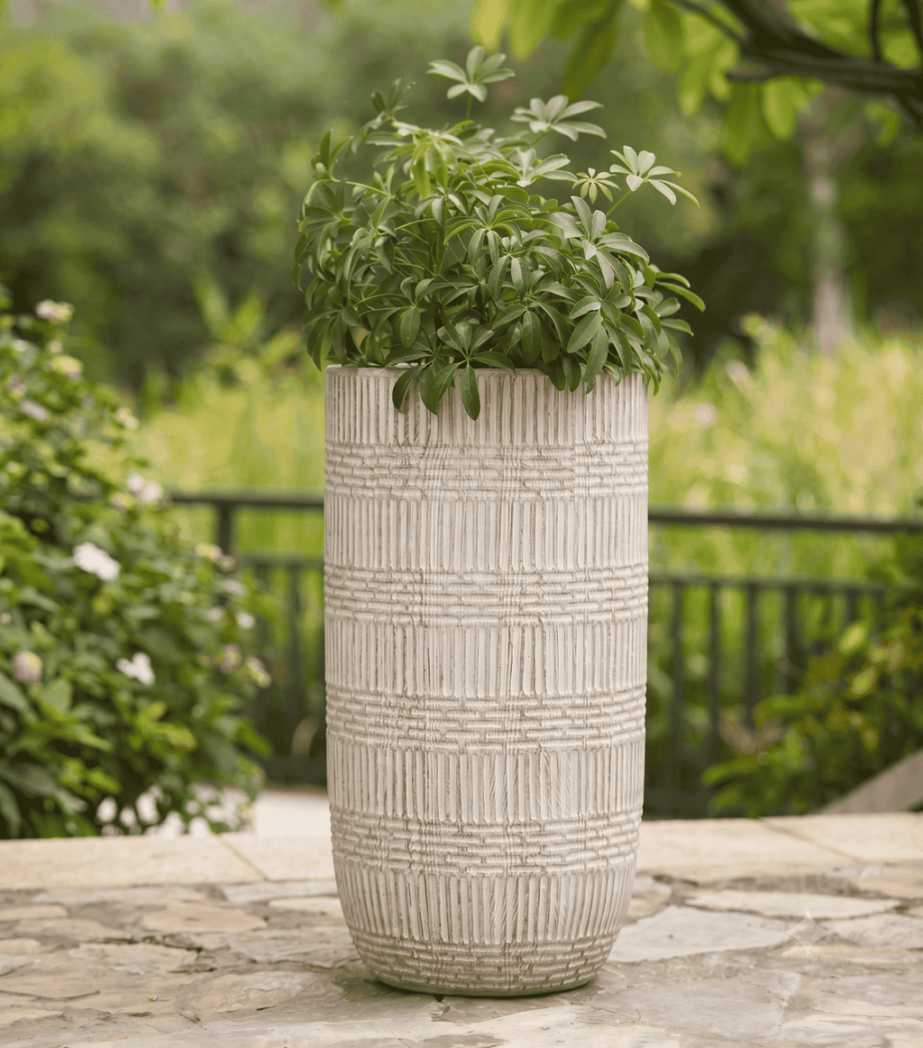 Close-up view of Mosaic Series geometric textured planter pots designed for contemporary plant styling