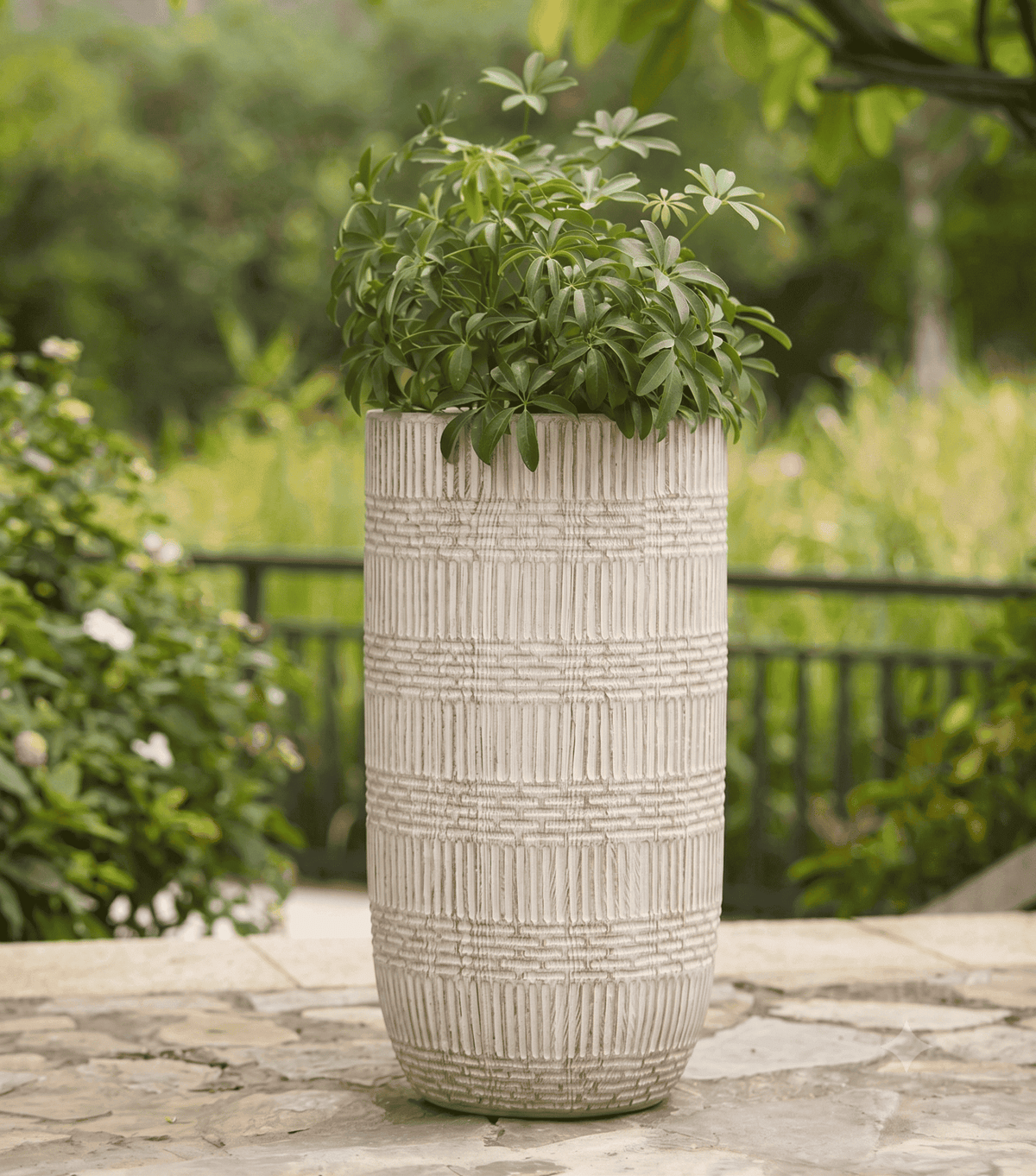Close-up view of Mosaic Series geometric textured planter pots designed for contemporary plant styling