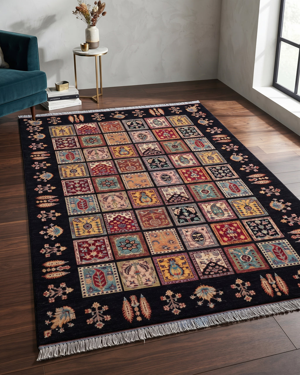 Handmade All-Over Floral Rug | Golden Amber Field with Navy Border | Wool Rug