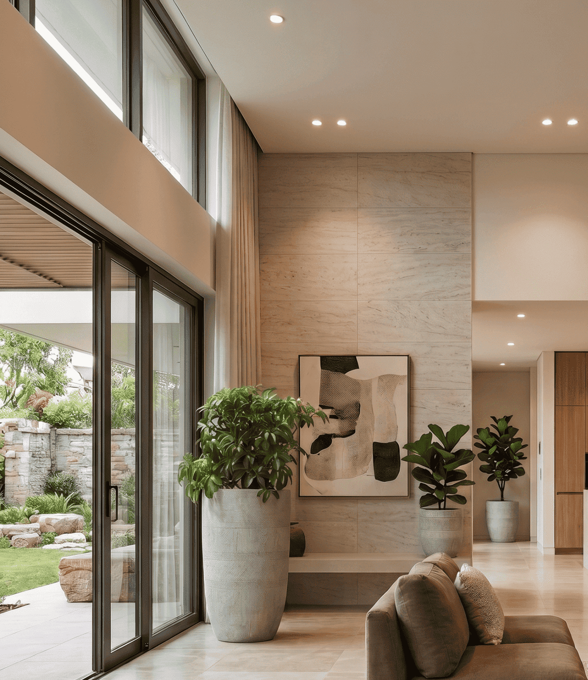 Modern textured tall U-shape planters styled elegantly on a contemporary patio