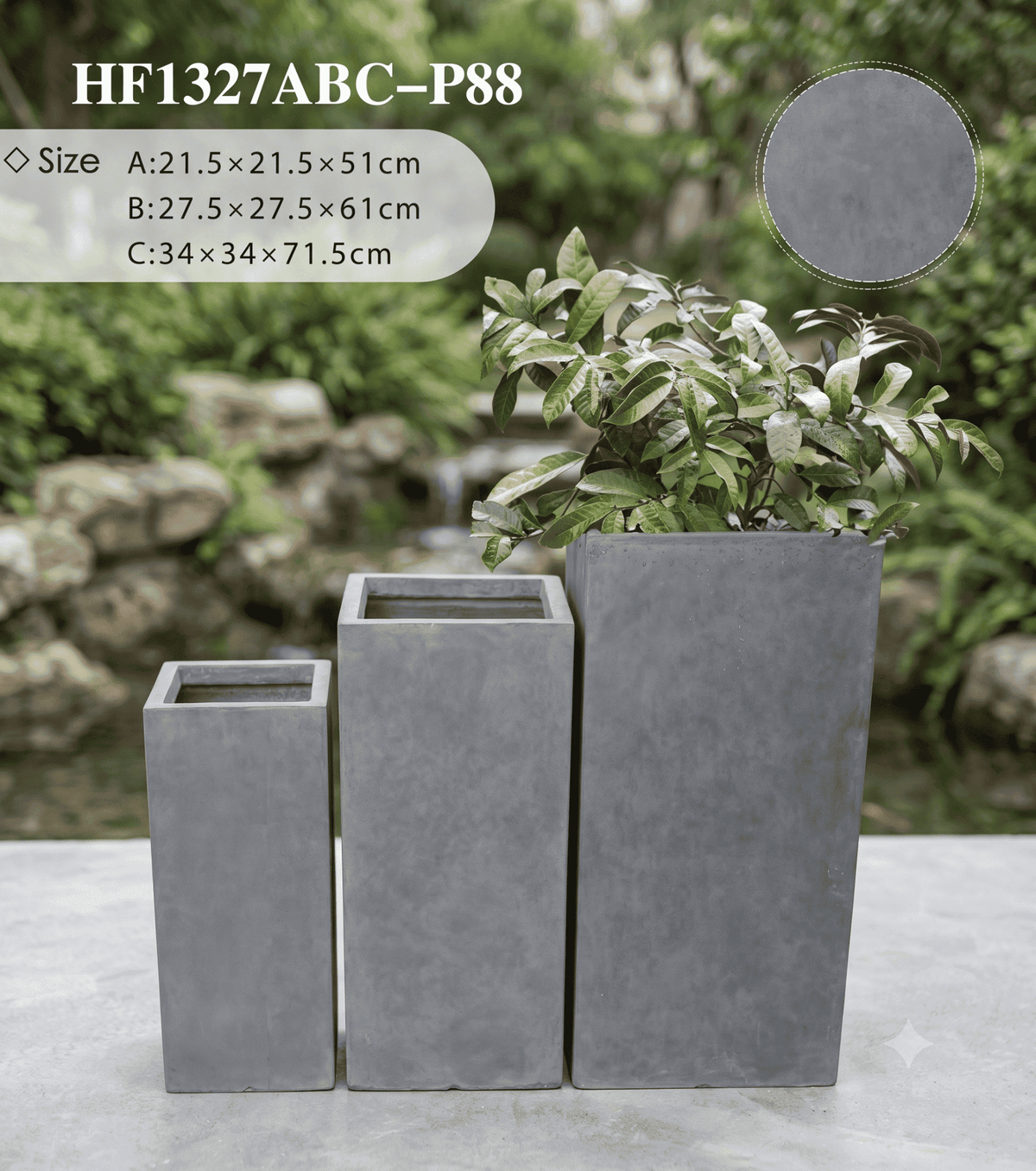 Tall square minimalist planter pot styled neatly on a modern outdoor patio