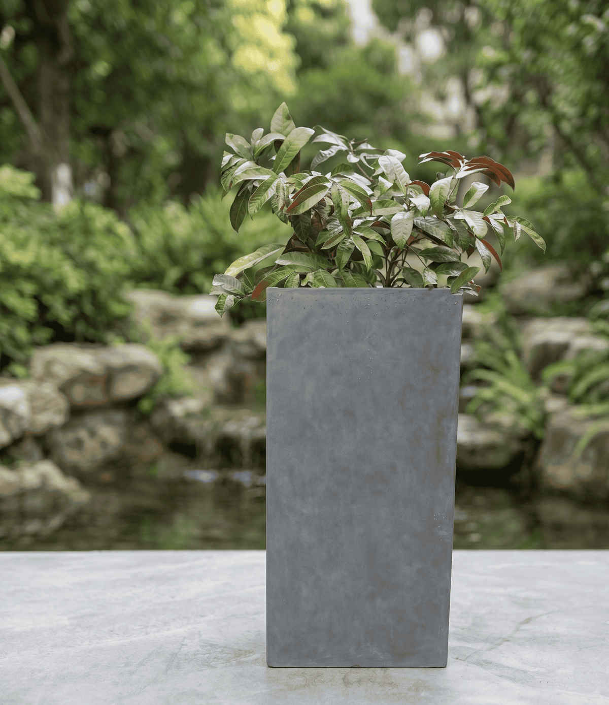 Close-up view of durable tall square planters designed for contemporary home and garden decor