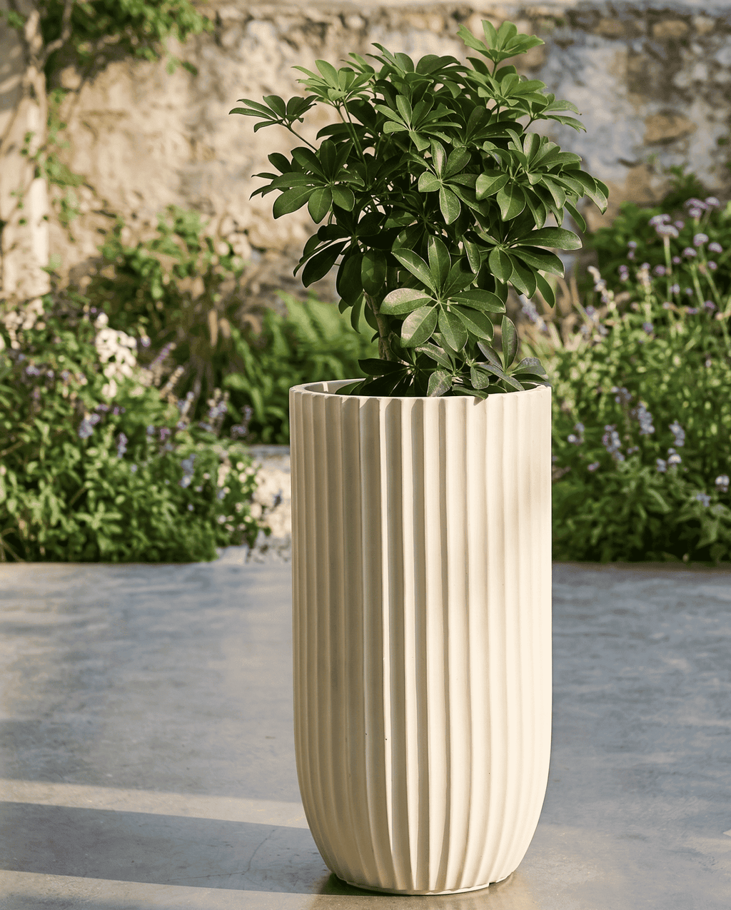 Close-up view of premium tall white U-shape planters designed for contemporary home decor