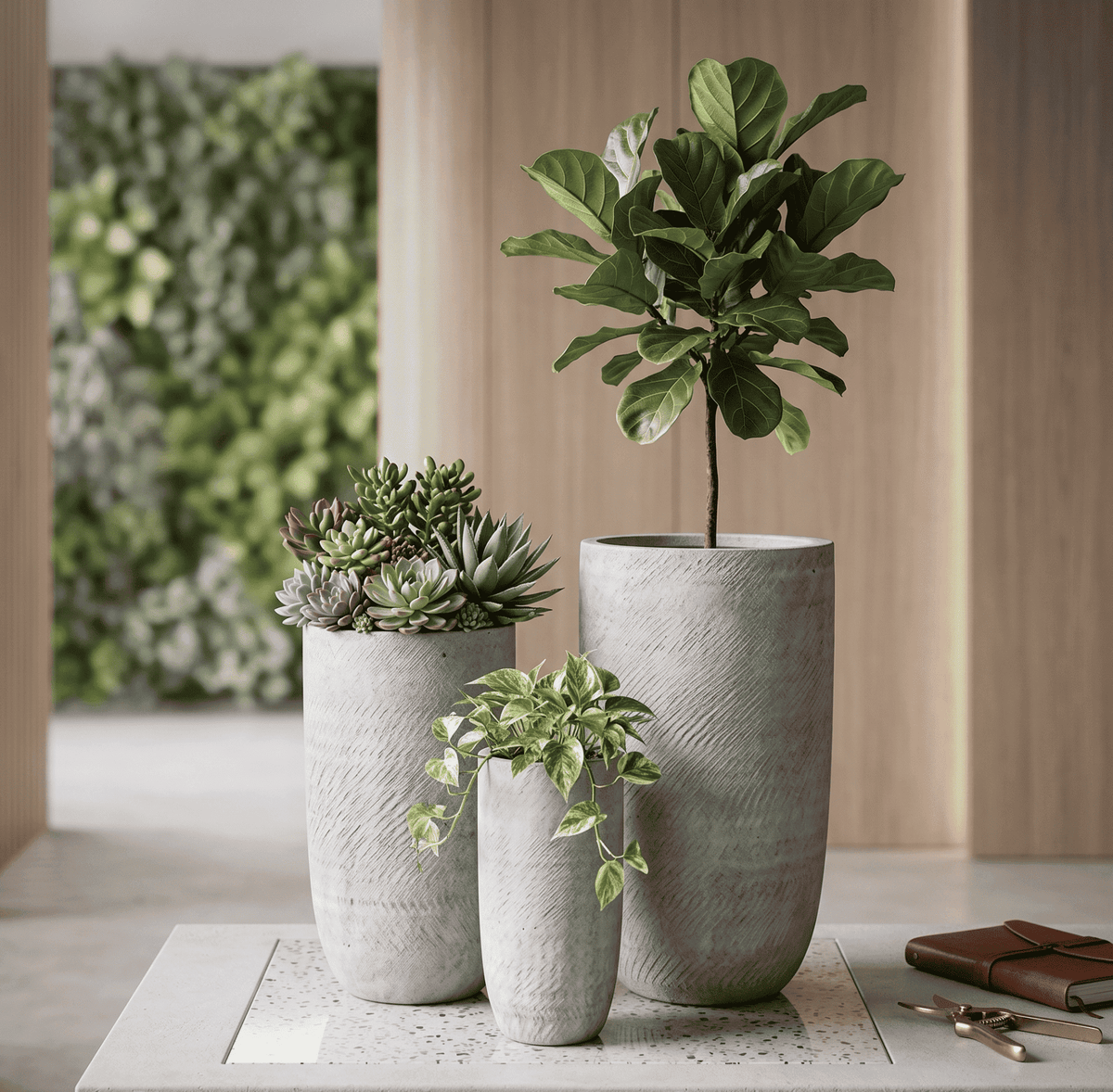 Durable tall pebble grain planters pots styled elegantly for modern architectural indoor and outdoor spaces