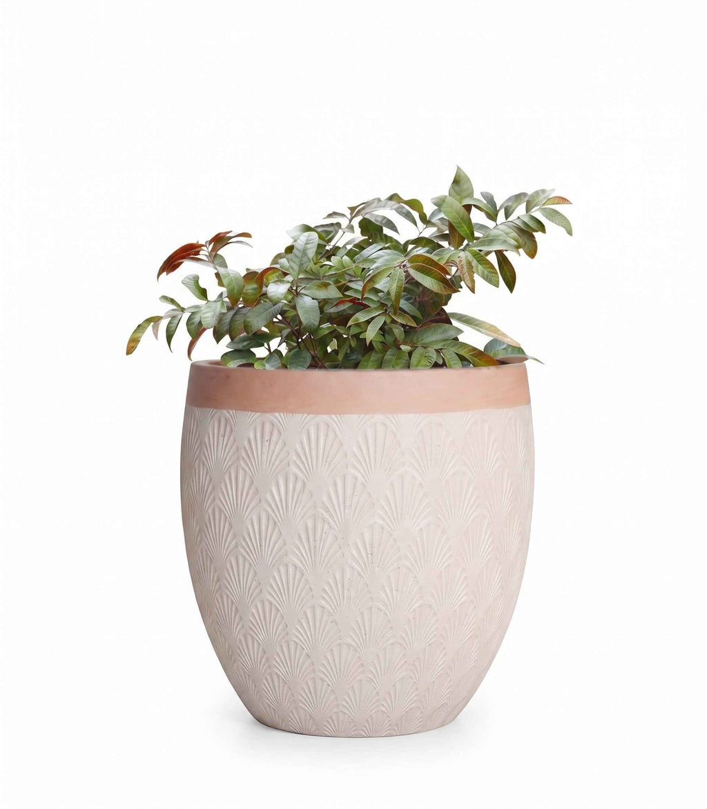 Close-up view of Horizon Series egg shaped planter pots designed for contemporary plant styling