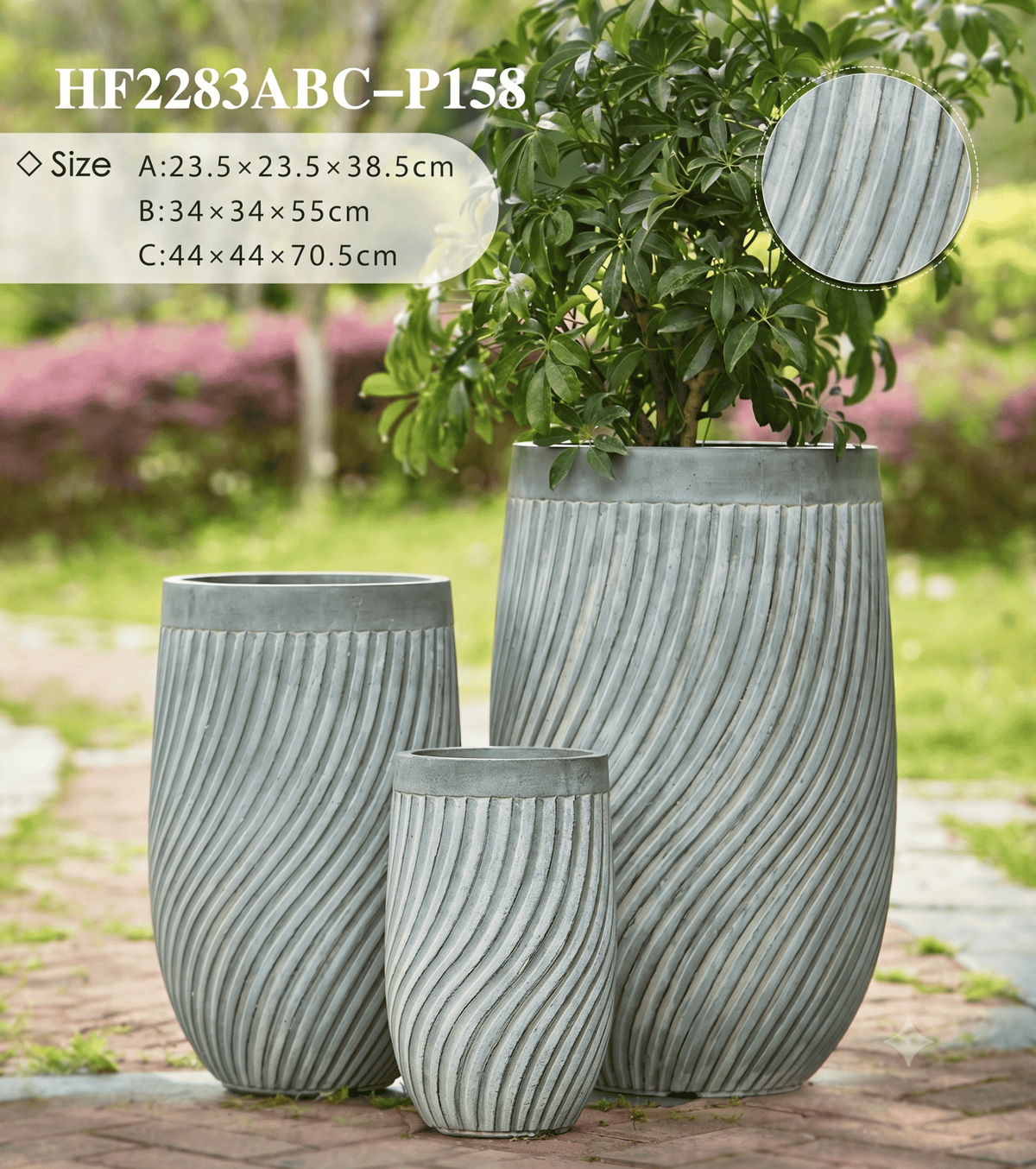 Spiral textured planter pots showcasing a dynamic winding pattern in a modern living room
