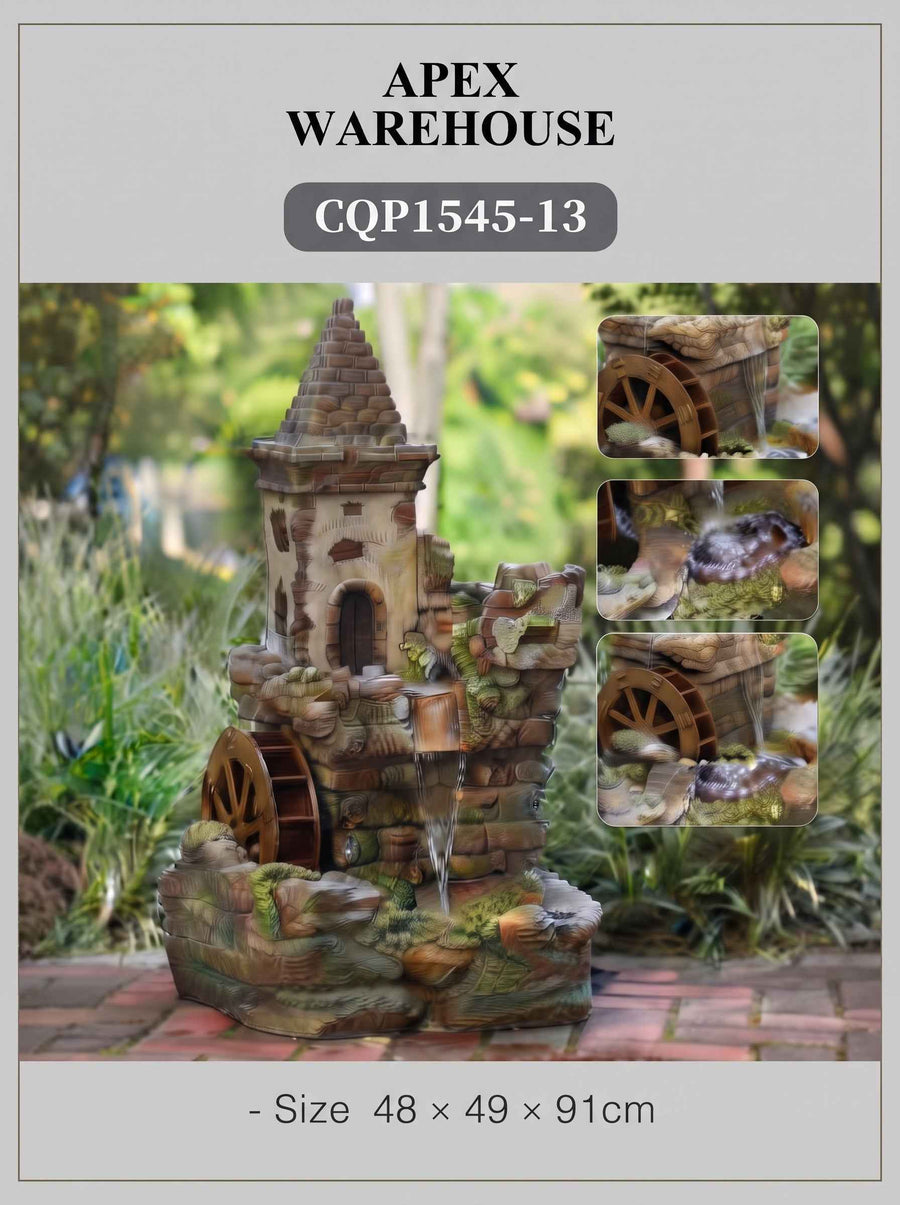 Stone Tower Water Wheel Fountain – Outdoor Waterfall Feature with LED Lightening
